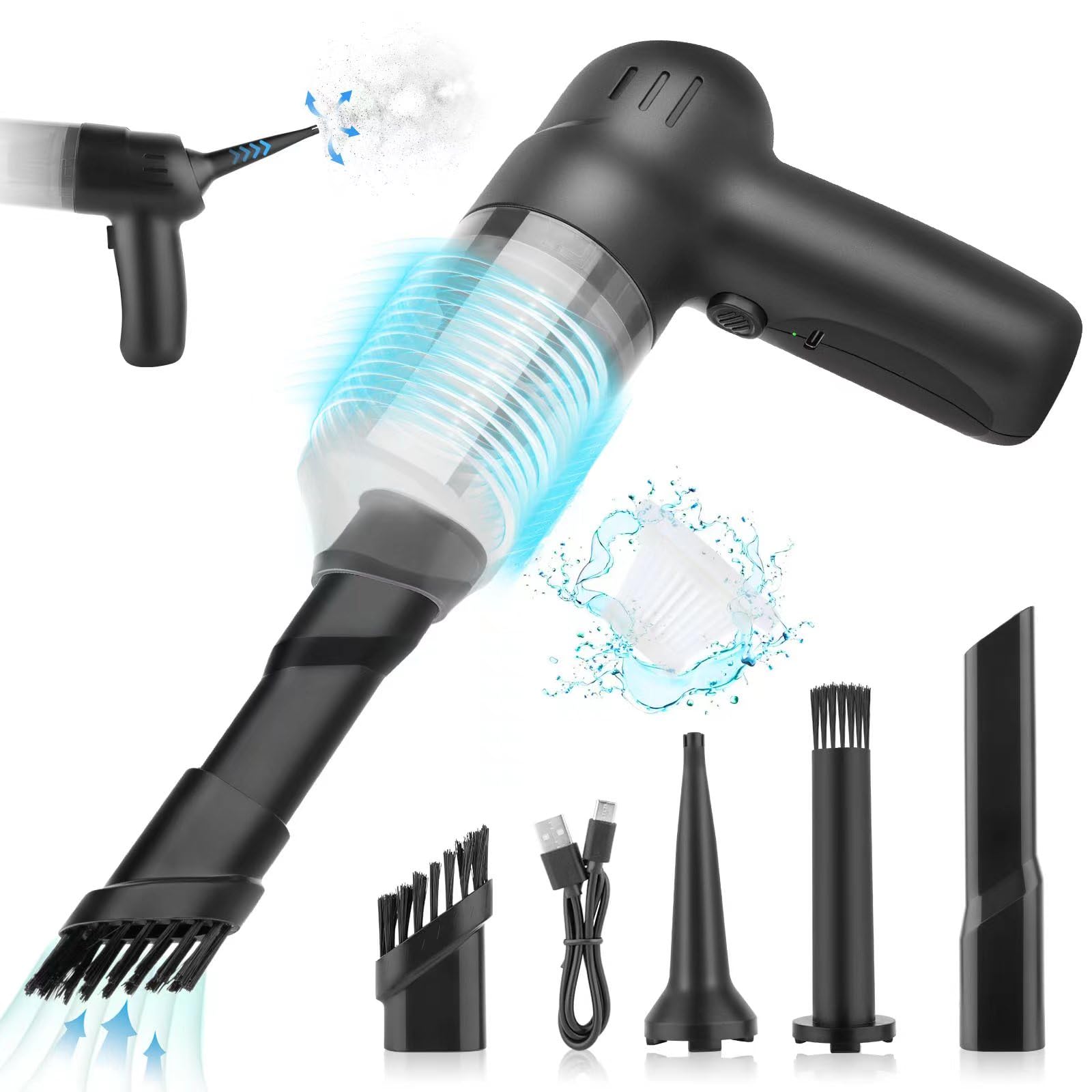 Mini Handstaubsauger Akku, 6000Pa Hand-Staubsauger Kabellos, 3-In-1 Kleiner Handsauger Stark mit Saugen, Blasen, Aufblasen, Geeignet für Auto, Haushalt, Tierhaare, Staubreinigung