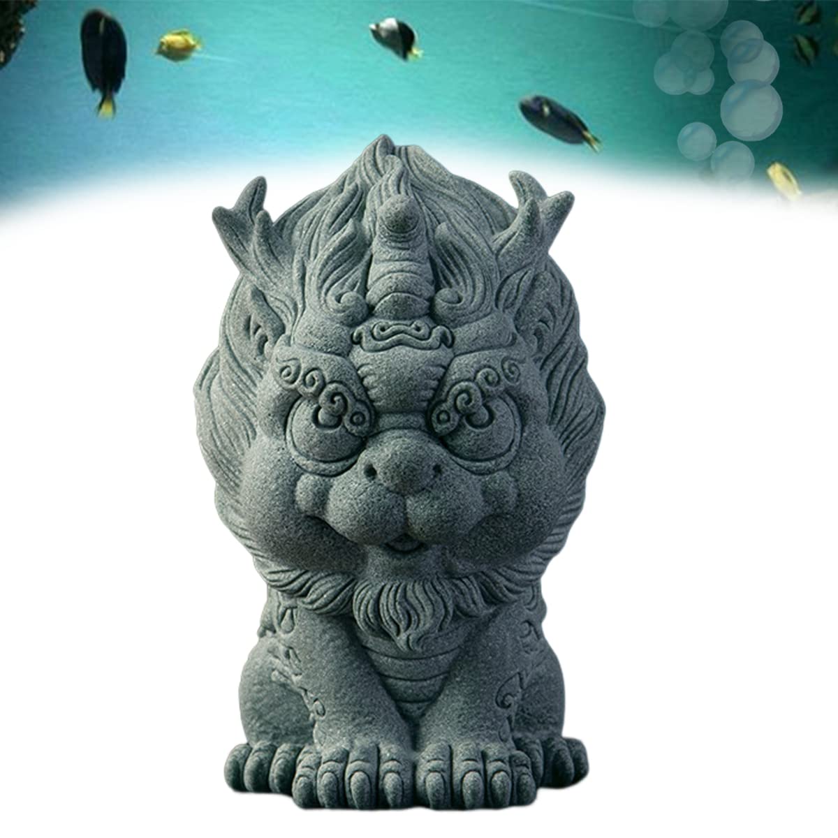 livelyfish Aquarium Fu Foo Dog Statue Guardian Qi Lin Figurine Wealth Good Lucky Sandstone Sculpture for Asian Fish Tank Garden Bonsai Feng Shui Decoration, S