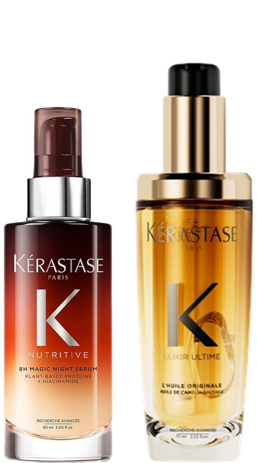 Kérastase Nutritive, Rutina Reparadora con Sérum de Noche 8H Magic Night y Aceite Antiencrespamiento Elixir Ultime, Revitaliza, Nutre y Repara, 90 ml + 75 ml