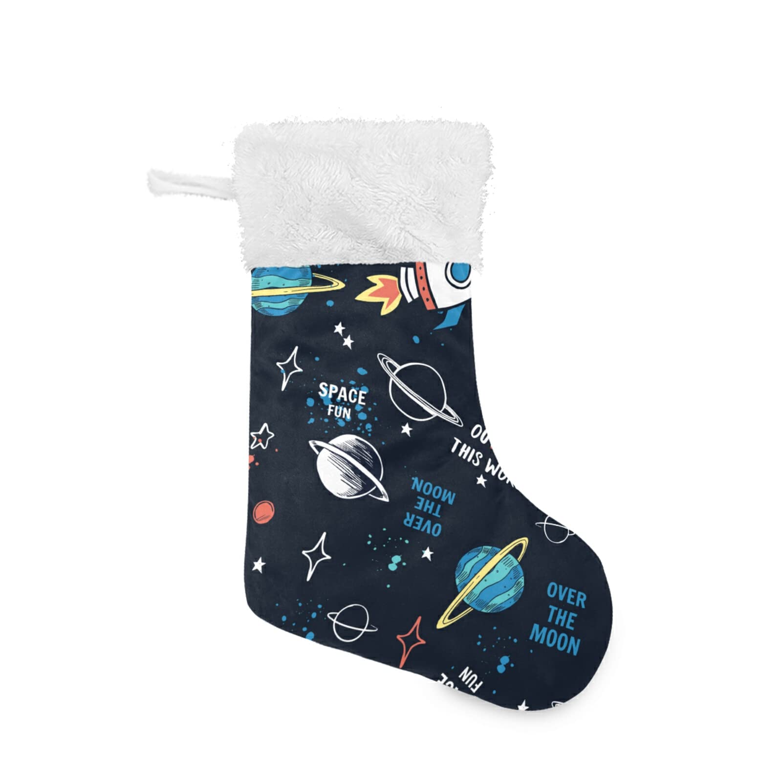 Space Doodle Cartoon Space Rockets, Planets, Stars, Moon, Slogans 1 PC Christmas Stockings, Large Burlap Plush Faux Fur Cuff 18"x8" Stockings for Bed Stairs Fireplace Xmas Tree Party Accessory