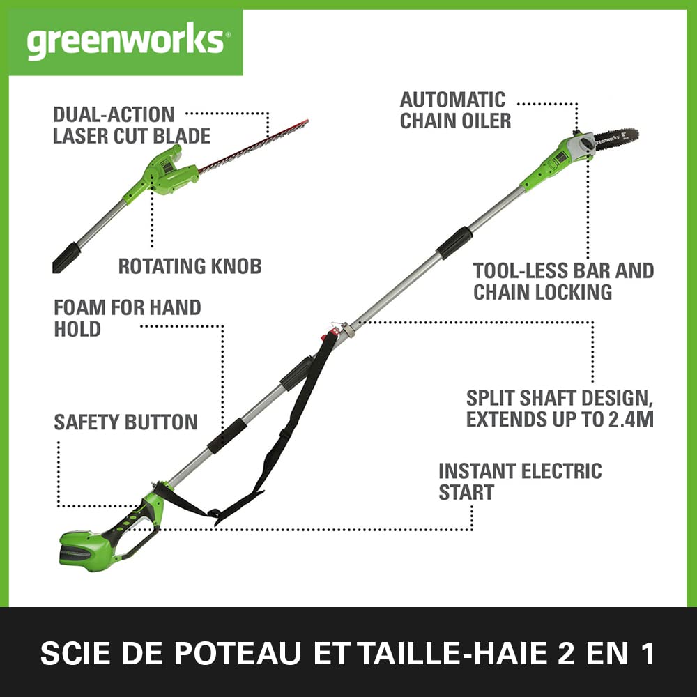 Greenworks G40PSHK2 Élagueuse et Taille Haie à Batterie sur Perche 2-en-1 avec Bandoulière, Guide Tronçonneuse 20 cm, Lames Double Action 51 cm, Batterie 40V 2Ah Chargeur, Garantie 3 Ans