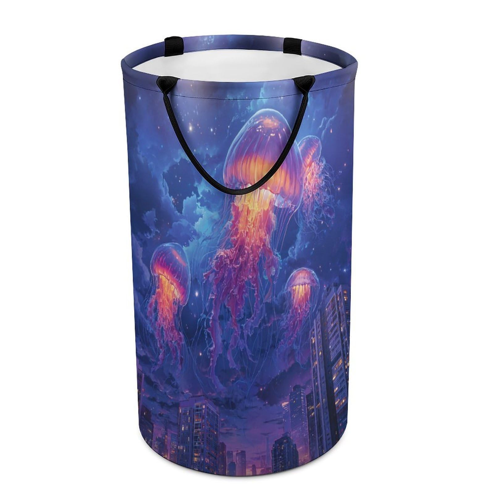 LUYYSKY Classic Aesthetic Animal Jellyfish Collapsible Dirty Clothes Basket, Modern Retro Starry Sky Ocean Life Jellyfish Cityscape Portable Clothes Storage Laundry Basket-40 CM Dia, 69 CM High