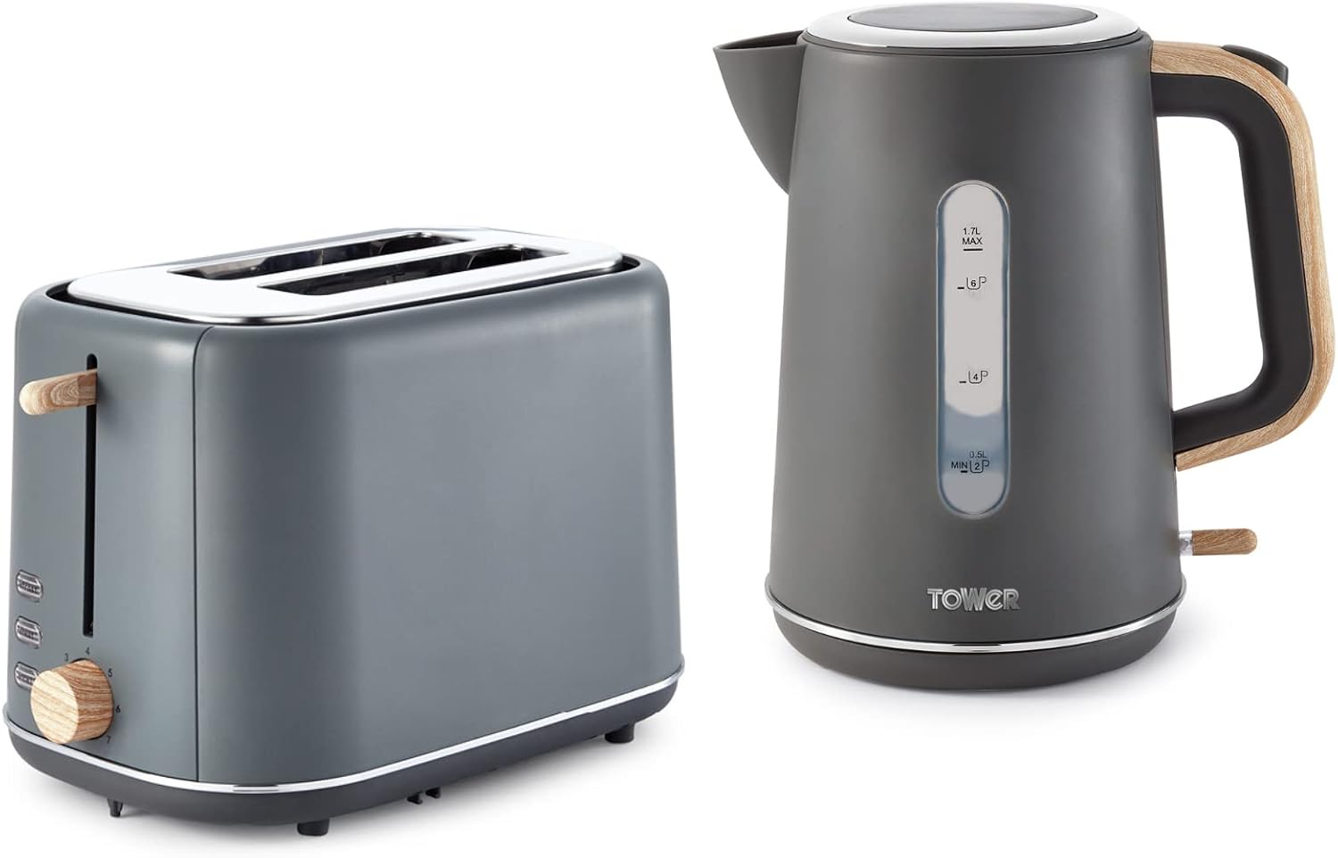 Tower Scandi Grey 1.7L 3KW Rapid Boil Kettle & 2 Slice Toaster. Matching Scandinavian Minimalist