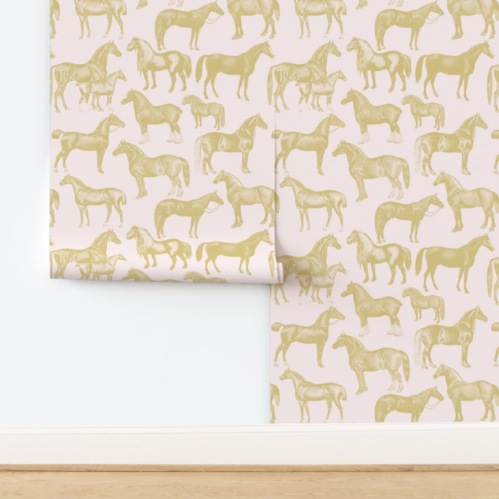 Peel & Stick Wallpaper 3ft x 2ft - Pink Gold Horses Horse Pony Equestrian Pattern Custom Removable Wallpaper by Spoonflower