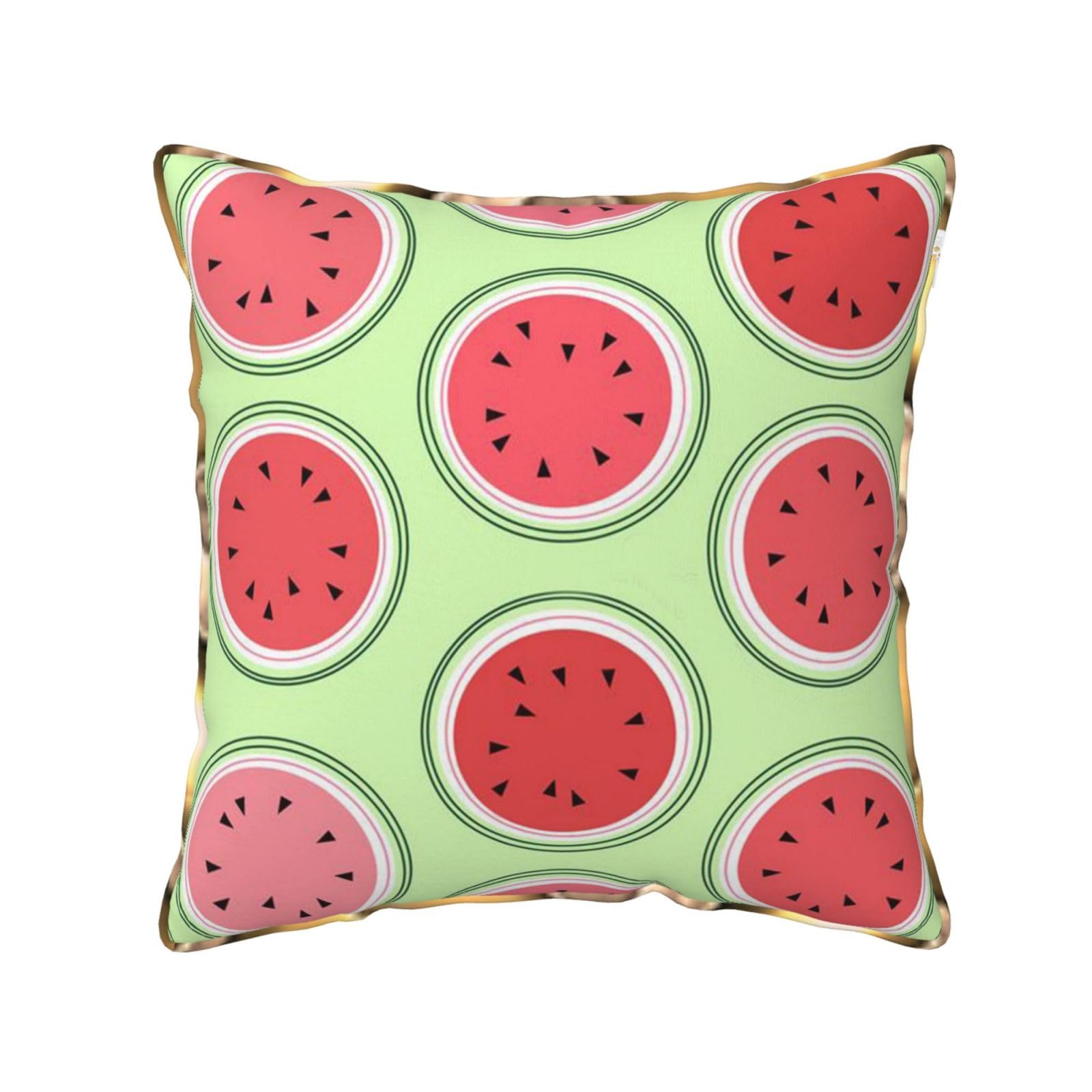 AUBKFELD Watermelon Green Printed Velvet Cushion Cover 40x40 CM with Gold Edging Strip, Square Pillowcase Soft Throw Pillow Covers Case Decorative for Living Room Sofa Couch Bed Bench