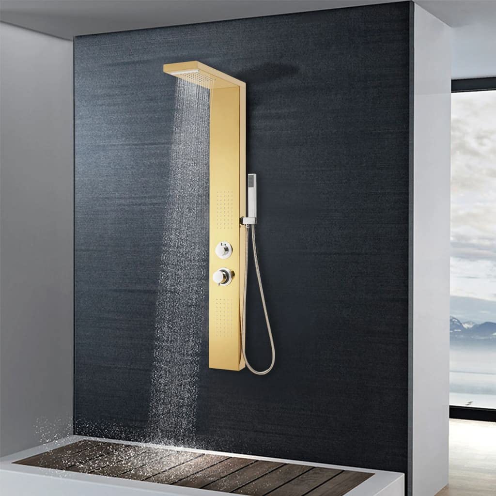 Sistema di pannelli doccia in acciaio inox 201 Golden con soffione a pioggia, cascata, ugelli massaggianti e doccetta, altezza 130 cm, regolabile e orientabile, per vasca da bagno, doccia e