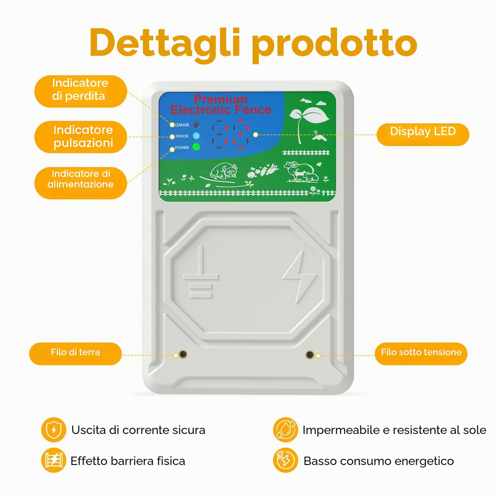 elettrificatore per recinto elettrico con schermo LCD, recinto elettrico per animali con portata di 10KM per allontanare gli animali selvatici, potenza di uscita da 2-3 joule a 13KV