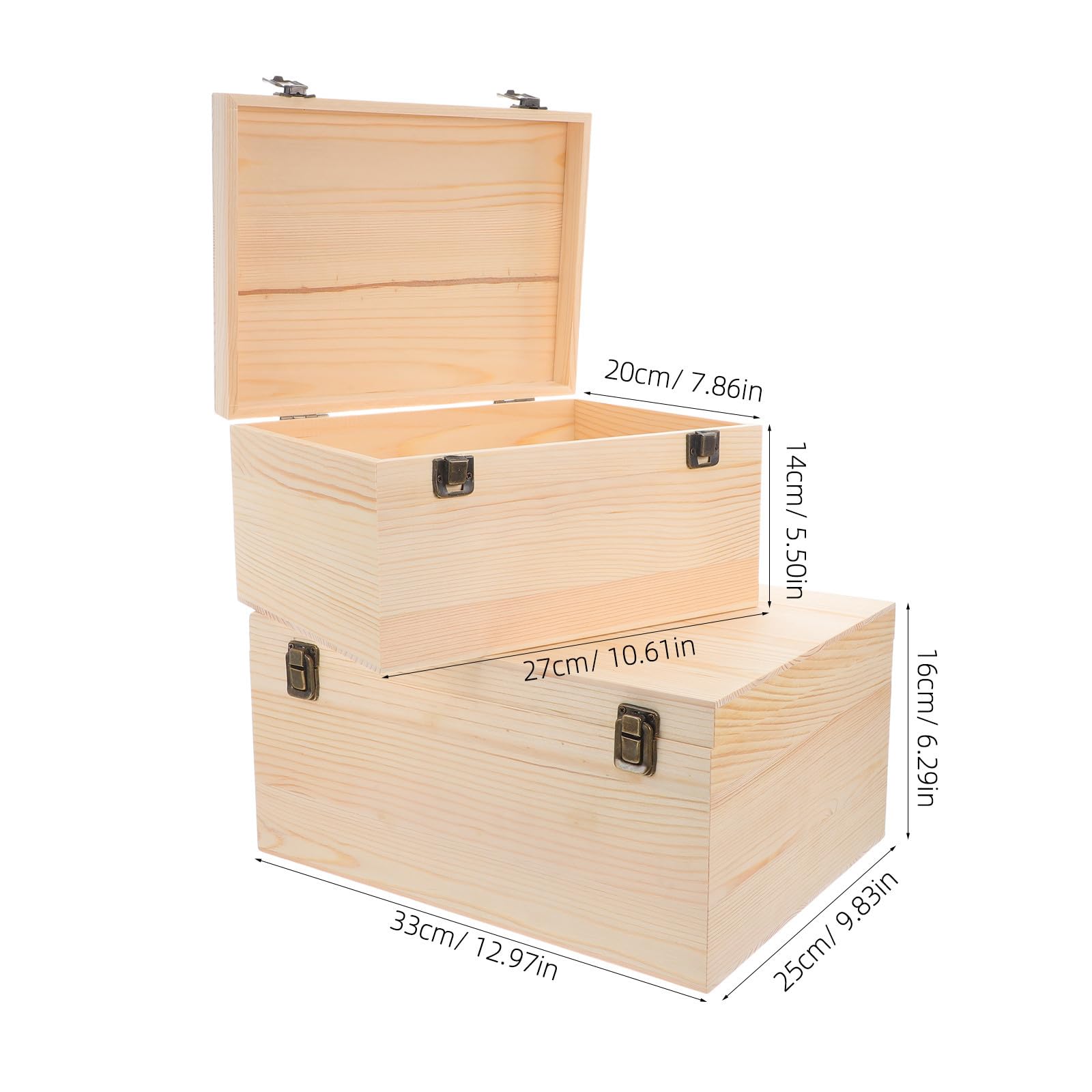 Mikikit 2 Stück Große Holzkiste aus Unbehandeltem Kiefernholz mit Scharnierdeckel Selbstgemacht Bemalbare Aufbewahrungsbox mit Doppeltem Verschluss für Schmuck und Bastelbedarf Zuhause