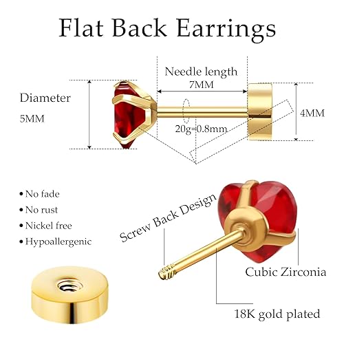 Miniatura 2 de Red Heart Flat Back Stud Earrings Hypoallergenic as Valentines Day Gifts for Her, Red Nap Cartilage Earring for Women, 18k Gold Surgical Steel