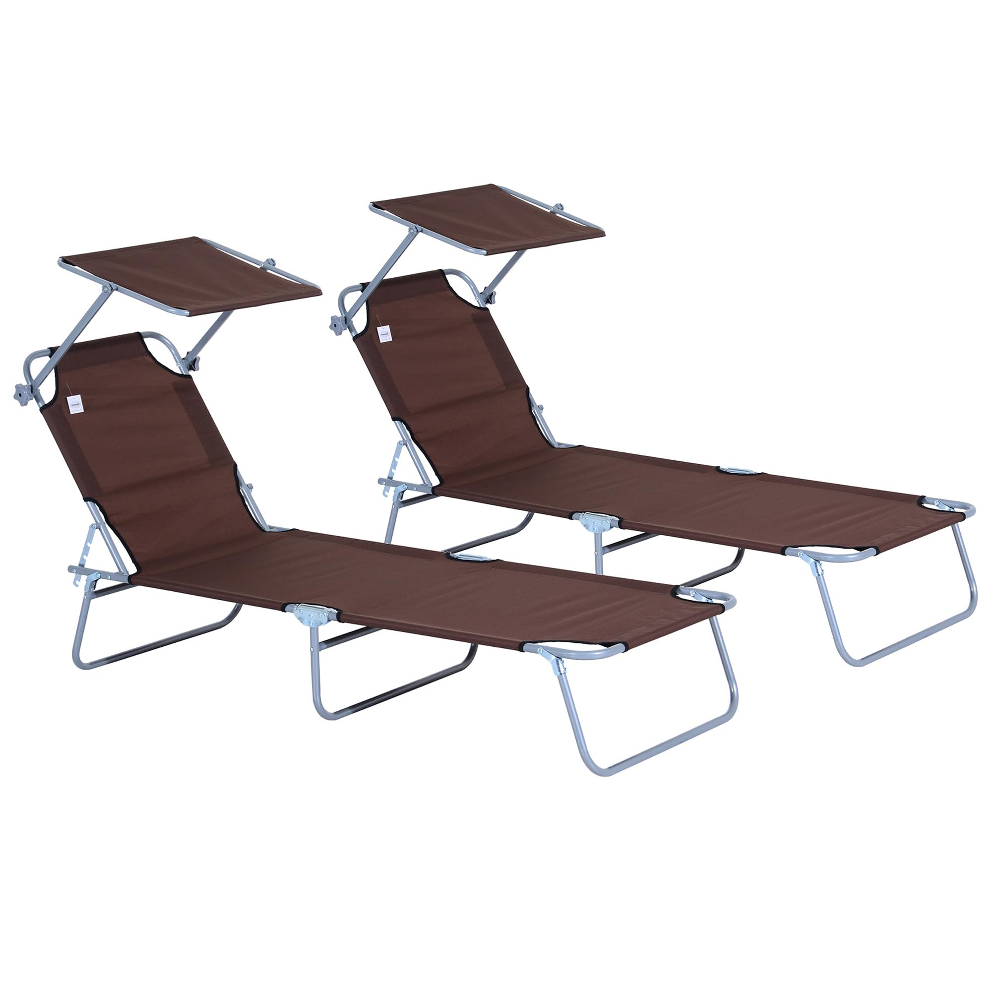 Outsunny Conjunto de 2 Tumbonas Plegables Reclinables 187x58x36 cm Marrón | Tumbonas de Jardín, Toldo Desmontable, Respaldo Ajustable en 5 Niveles, para Terraza Piscina