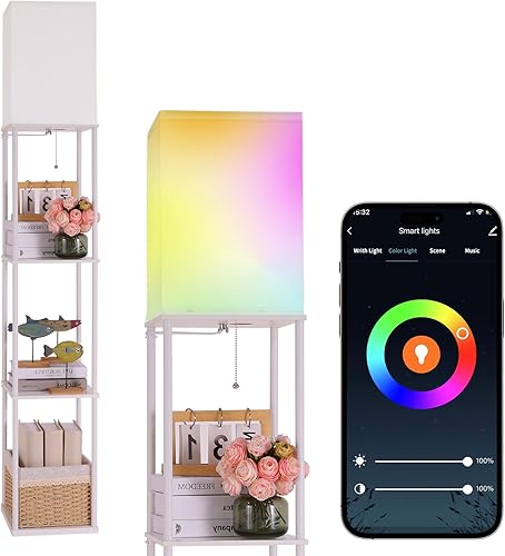 Miniatura 12 de Lámpara de pie con estantes, lámpara de pie rectangular de gran tamaño con bombilla de temperatura de 3 colores, lámpara de estantería de exhibición