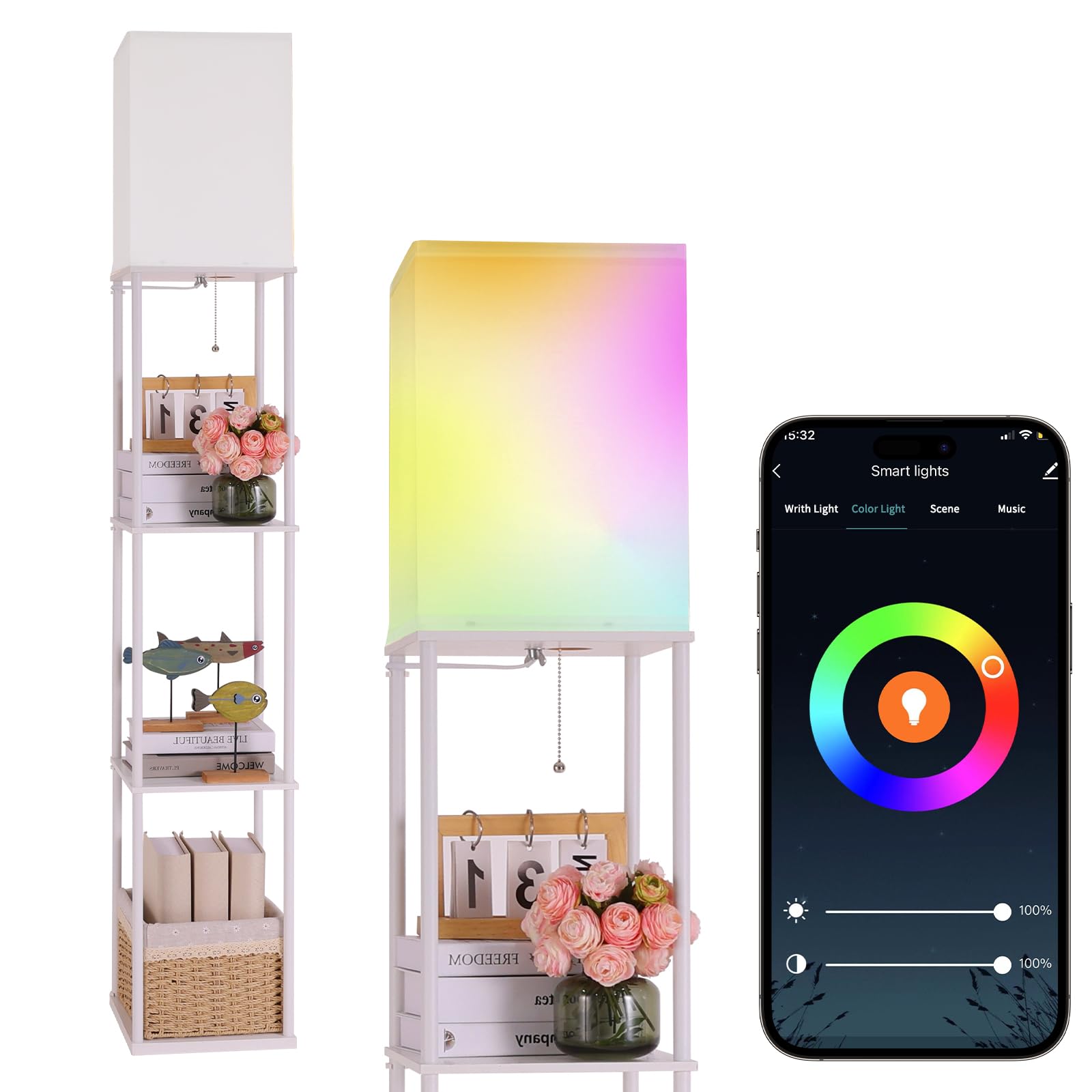Photo 1 of Gupuzm Floor Lamp with Shelves, with Modern Square Standing Lamp with Smart APP Control RGB Bulb, Corner Display Bookshelf Lamp for Living Room, Bedroom and Office (White-9RGB)