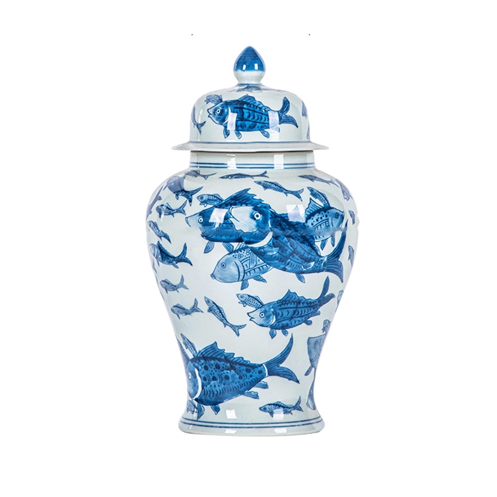EYPKPL Tempelglas Jingdezhen-Keramikvase Blaues und weißes Porzellan-Fisch-Ingwer-Glas mit Deckel Chinesisches handbemaltes orientalisches dekoratives Glas(16.5x42.5cm)