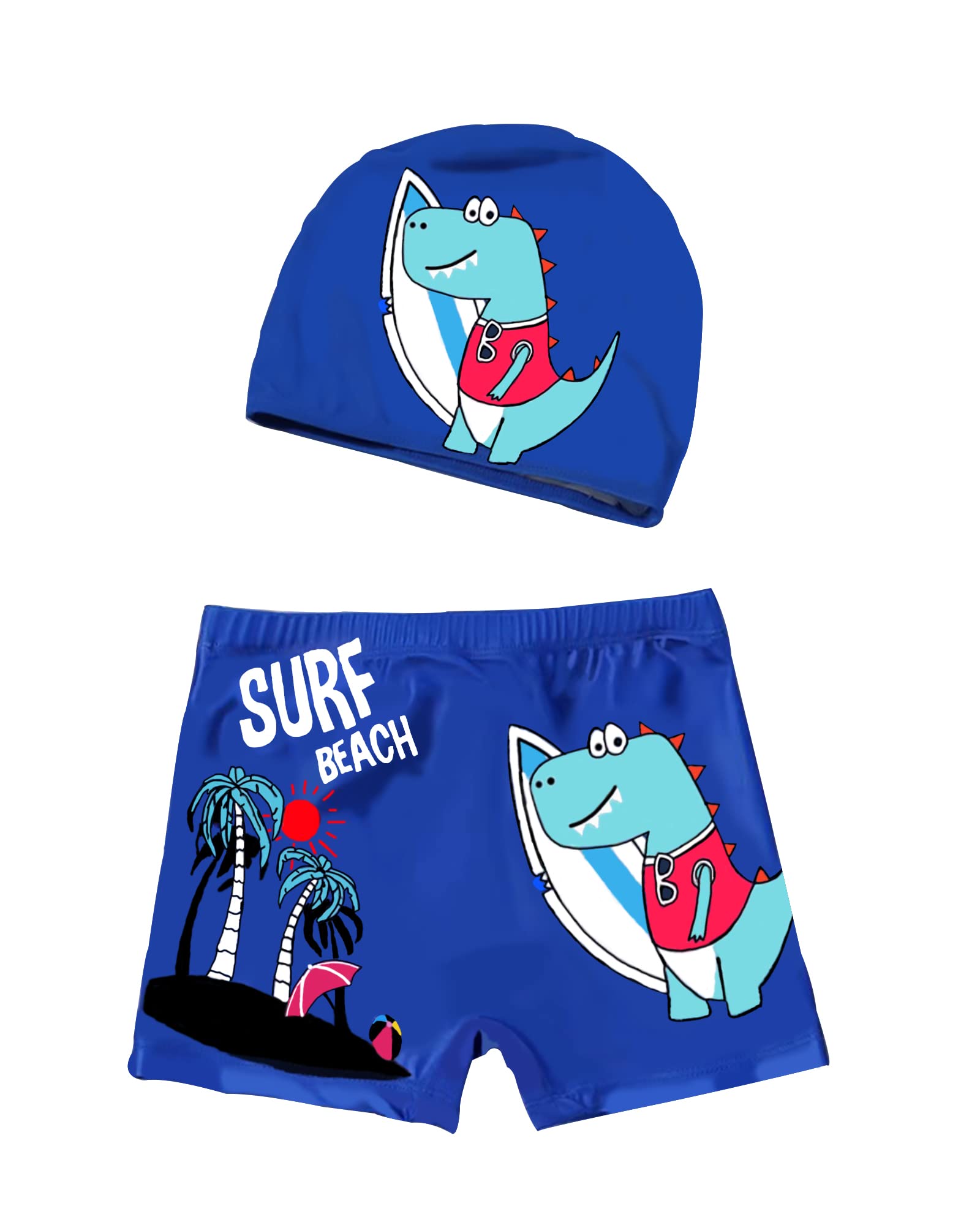 PAEHUIMT Conjunto de bañador para niño con diseño de dibujos animados y gorro de baño de tela