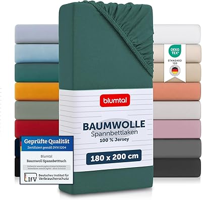 Blumtal® Baumwolle Spannbettlaken 180x200cm Basics Jersey - Oeko-TEX zertifiziertes Spannbetttuch - Matratzenbezug 180x200cm - Bettbezug - Leintuch - Silver Pine