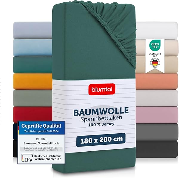 Blumtal® Baumwolle Spannbettlaken 180x200cm Basics Jersey - Oeko-TEX zertifiziertes Spannbetttuch - Matratzenbezug 180x200cm - Bettbezug - Leintuch - Silver Pine