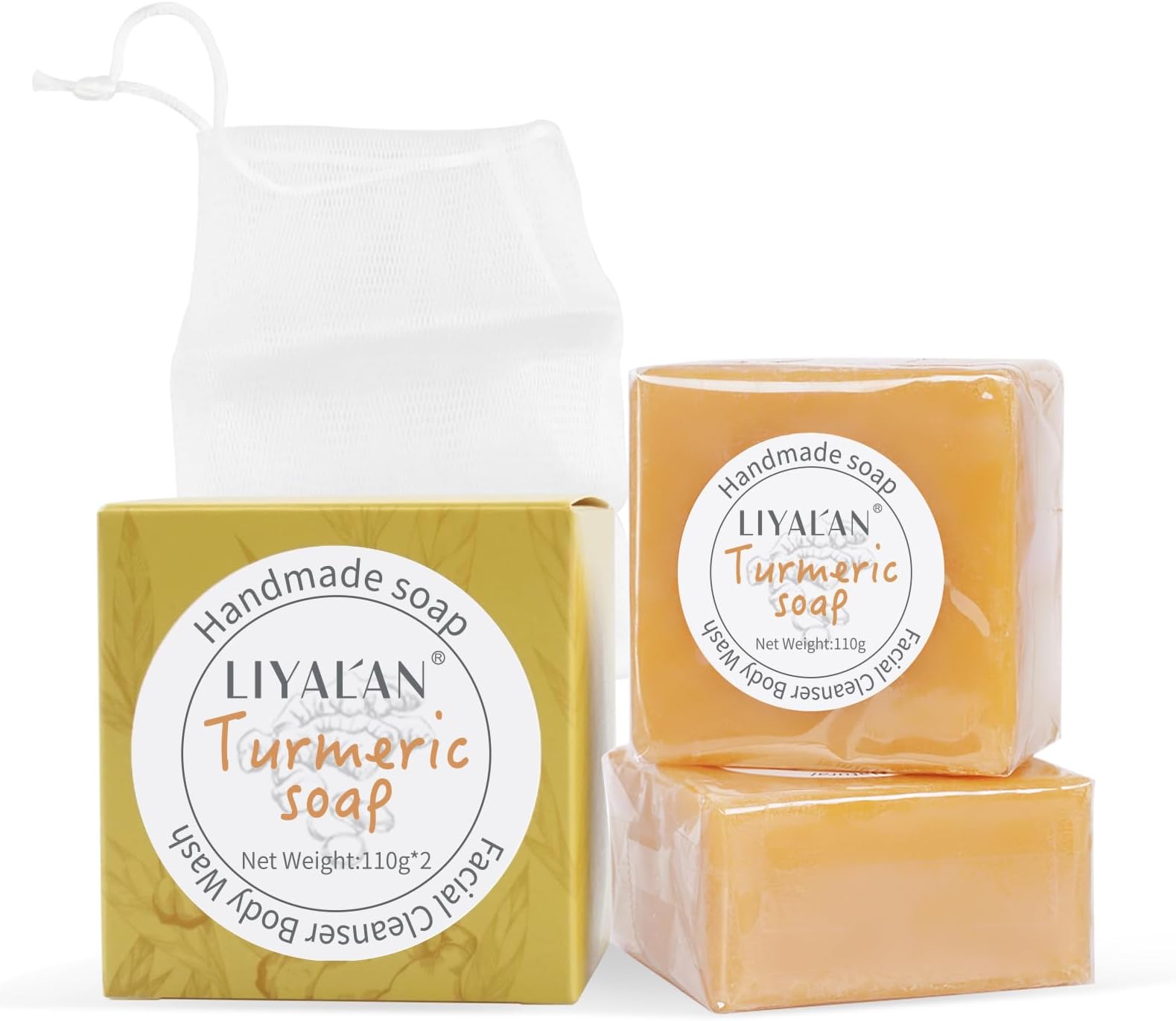 LIYALAN Turmeric Soap Bar 3.88 oz X 2Bars for Face Body Smooth Skin,Cleansing Natural Handmade Sensitive Skin Vegan Formula