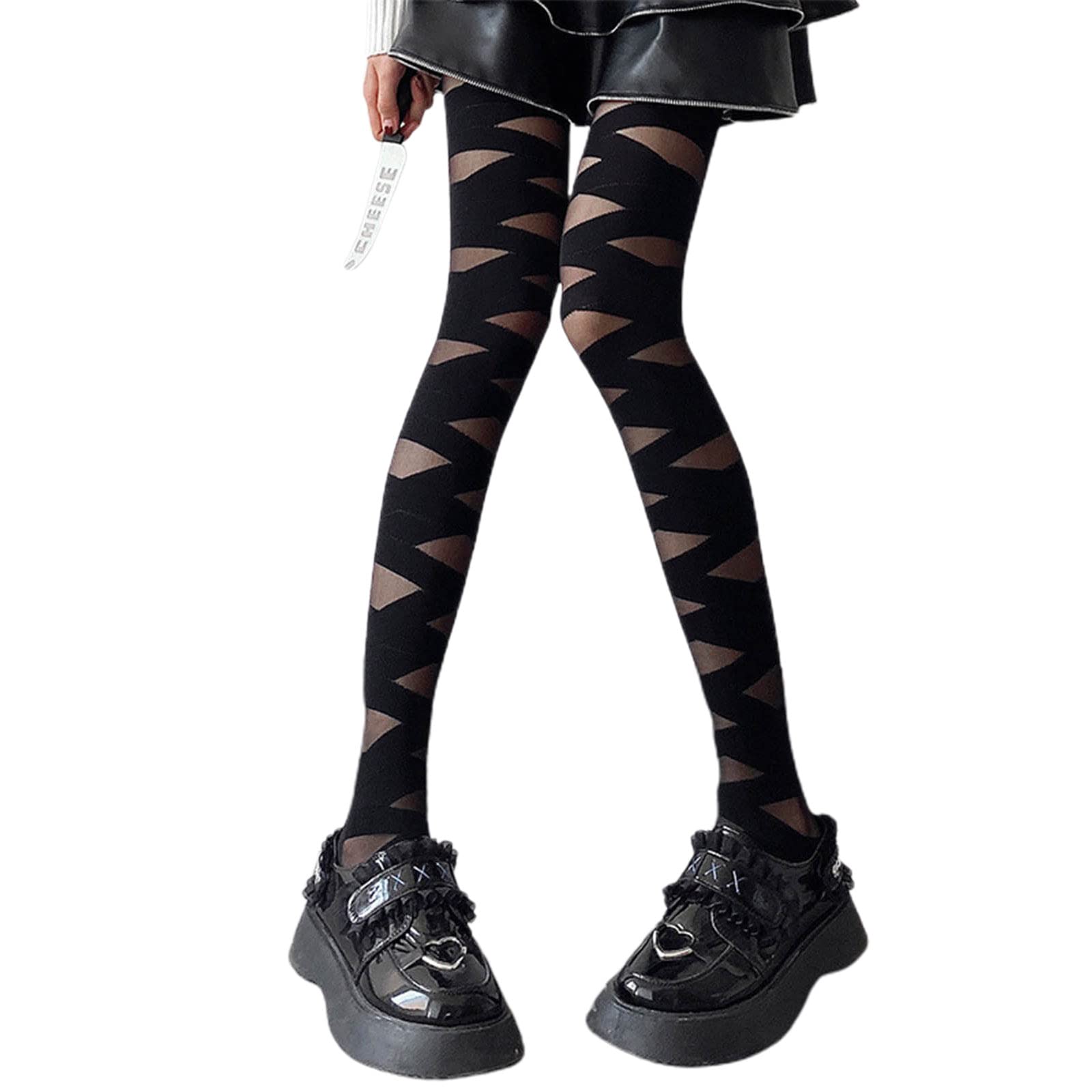 OFFILICIOUS Medias huecas de alta elasticidad, ajustadas, vendaje entrecruzado, piñas, calcetines negros, medias penetrantes en la piel para mujer