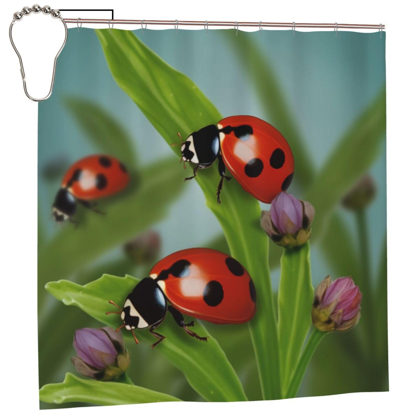 BWWHCCTI Ladybug Printed Shower Curtain With 12 Iron Hooks Opaque Quick Drying Waterproof Shower Curtains Sets For Bathroom 183x183 CM