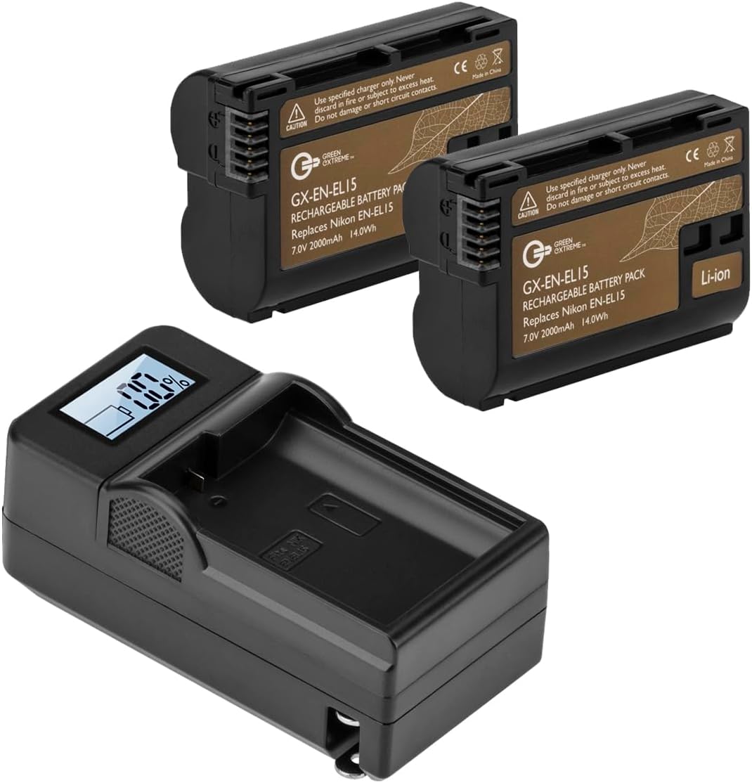 Green Extreme EN-EL15 7V 2000mAh Lithium-Ion Battery Pack, 2-Pack, Bundle Compact Smart Charger Base with LCD Screen