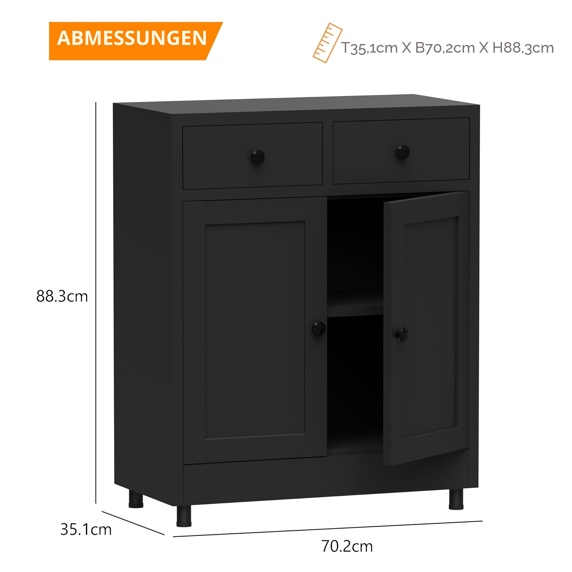 Aktenschrank Büroschrank Lagerschrank Metallschrank Stahlschrank Mehrzweckschrank Buffetschrank Flurschrank, Aufbewahrungsschrank aus Metall mit 2 Schubladen und Verstellbarem Regal (Schwarz)