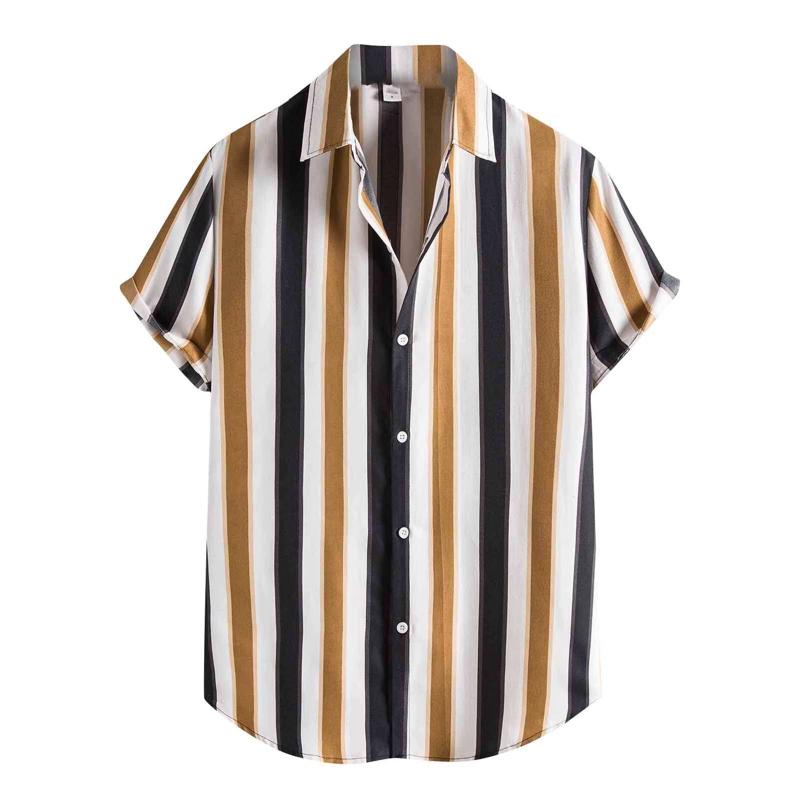 HUTcPNy Camisas Hawaianas Hombre Manga Corta Estampadas, Cubierta Botones Camisa Hombre Manga Cotton Loose Striped Short Shirt Mens Casual Linen Botones La Blusa de Men