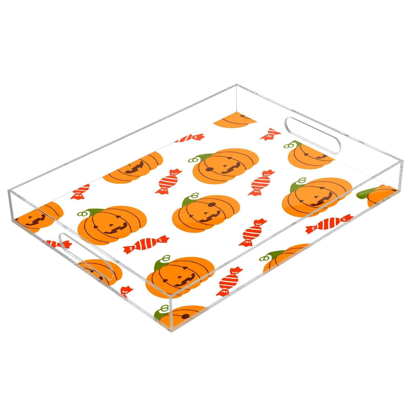 BOESI Halloween Pumpkin & Candy Acrylic Decorative Dining Tray, Acrylic Decorative Tray Organizer with Handle for Kitchen, Dining Room, Bathroom, Dresser