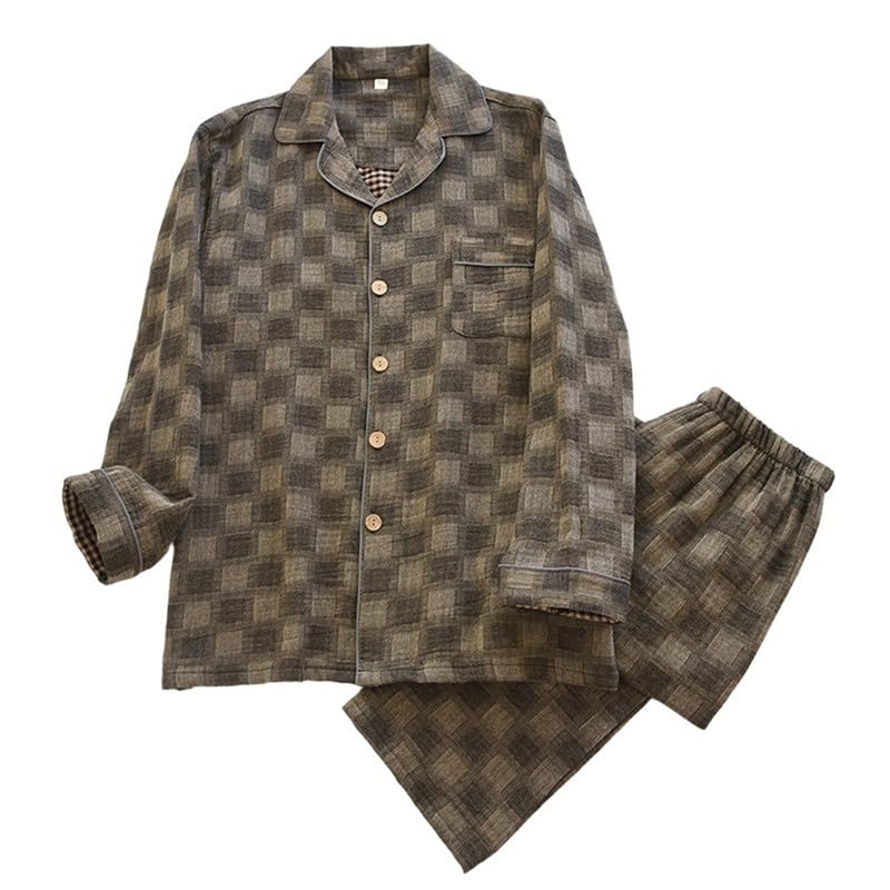 Shanghai Story Men's Gauze Cotton Check Print Long Sleeves Solid Sleepwear Long Pants Set Autumn Spring