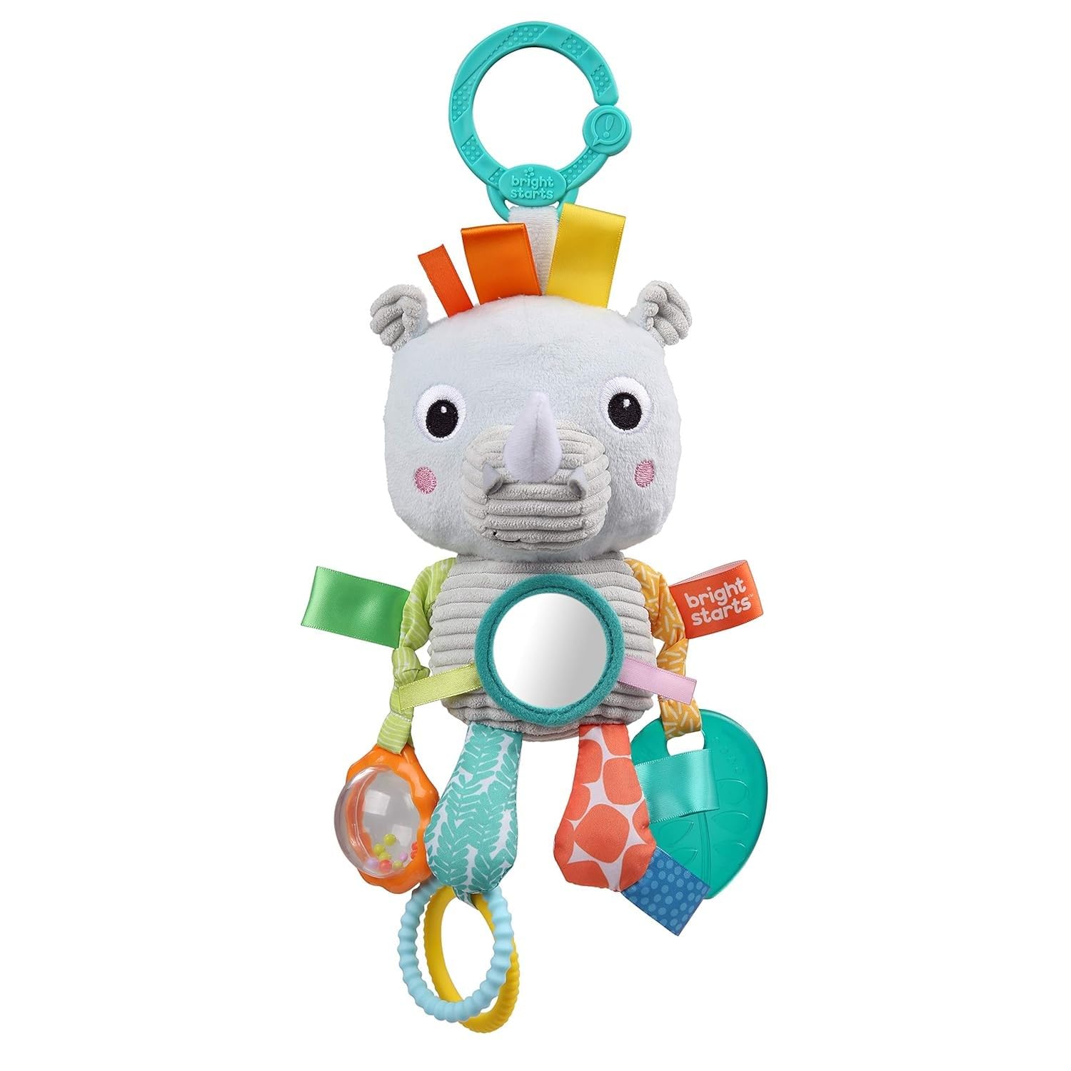 Bright Starts Rhino Playful Pals Take-Along BPA-Free Stroller Baby Toy, Age Newborn+