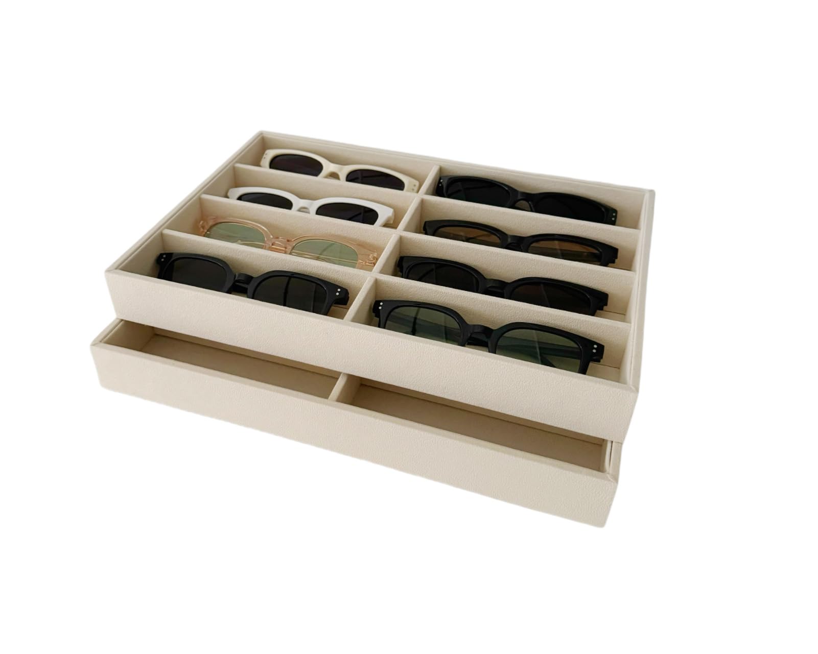 AgentMoon 2 Pieces Velvet Glasses Storage Tray or Jewelry Tray. Thickening Frame Adjustable 8 Grids,Stackable Desktop Clutter Organizer,Retailer Display Pallet. Beige (2PCS)