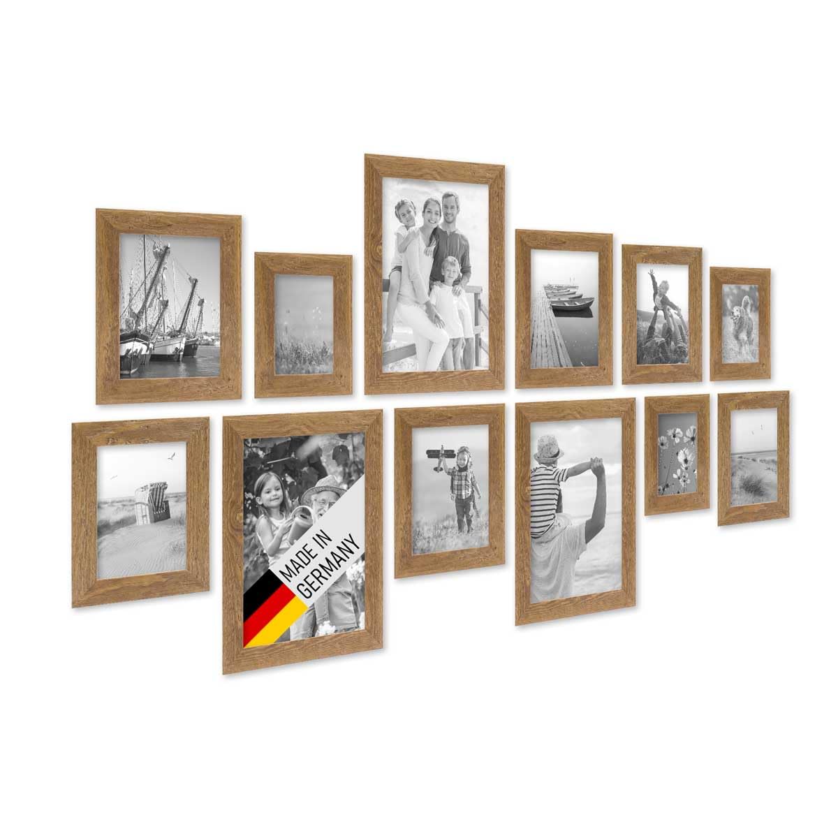 PHOTOLINI Bilderrahmen-Set Holz Eiche-Optik, 12er Rahmenset Echtholz-Rahmen rustikal, Strandhaus, Made in Germany, Echtglas, zum Aufhängen, extra Zubehör - Treibholzlook mit einem Hauch Küstenflair