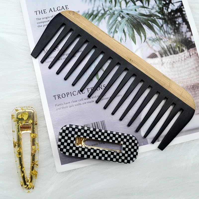 Miniatura 5 de OREN'S - Peine de baquelita de bambú, diseño de dientes anchos antiestático para cabello grueso y encrespado