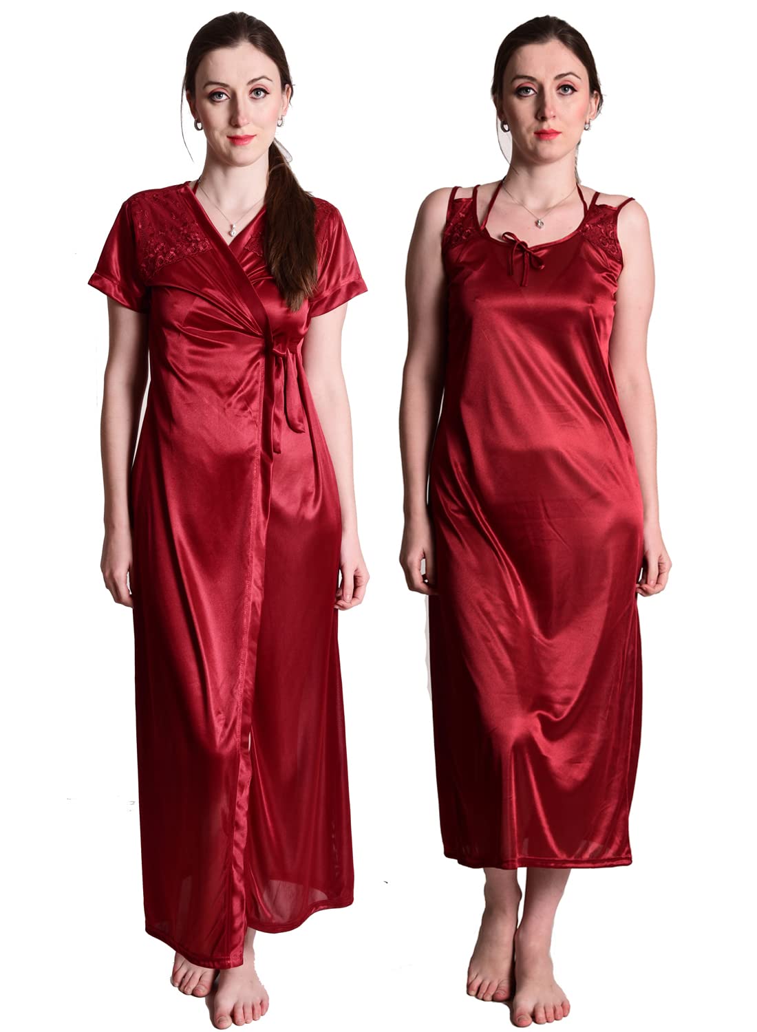 Women's Nightwear Sleepwear Solid 2pc Set of Satin Nighty with Robe Set SL018-image-17