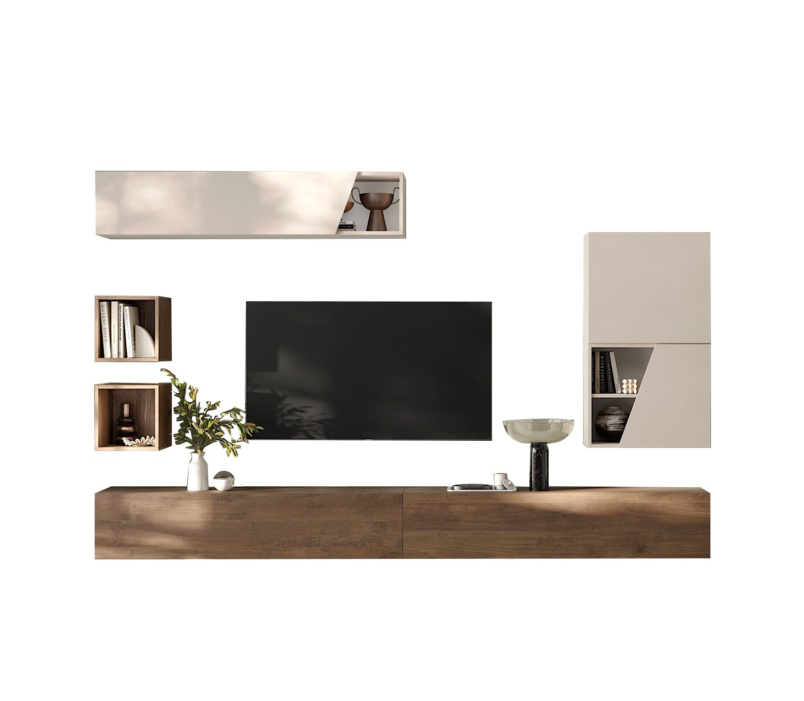 ARREDO DA CASA Parete Attrezzata Soggiorno Design Moderno 276x195 cm Composizione con 1 Pensile Orizzontale 2 Pensili a Cubo e Mobile Porta TV Sospeso Beige e Noce PAL72