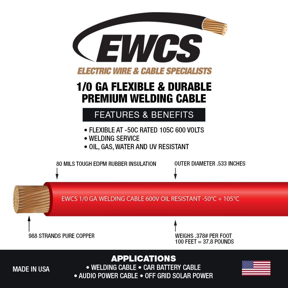 1/0 Gauge Premium Extra Flexible Welding Cable 600 Volt - RED 20 FEET- EWCS Spec - Made in The USA!