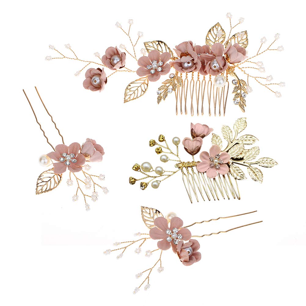 4pcs Pernos del Pelo de la del Rhinestone del Peine del Pelo de la Boda para el Casco Nupcial de la Boda de Las Mujeres para Las Damas de Honor (Rosa)