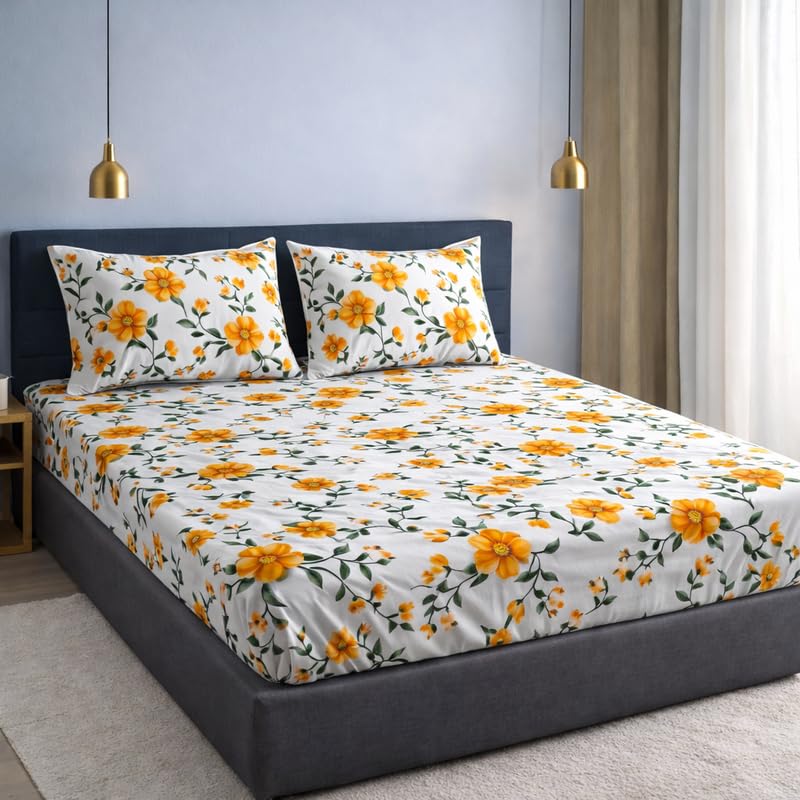 Image of Elasticated King Size Bedsheet - Cotton Feel Glace Fabric, Ultra Soft Fitted Sheet for 6 to 8 Inch Mattress, Durable & Breathable (Floral Otange)