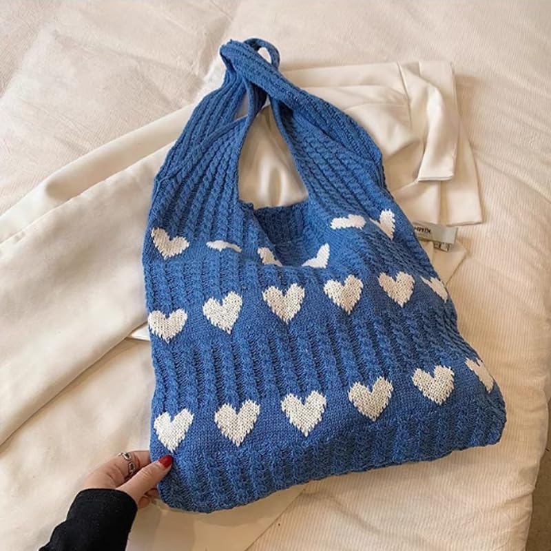 Bolso tote tejido de gran capacidad con diseño de corazón rojo - Bolso casual para hombro y playa para mujeres, ideal para uso diario, bolso tote casual, azul miniatura 2