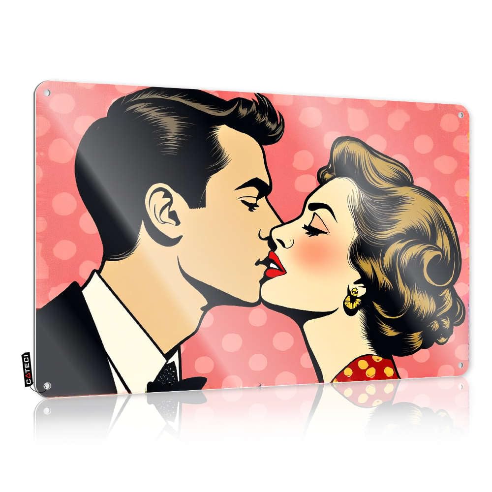 Sujd Colour Indie Cool Wall Decor Rustic Wall Poster, Decaor Funny Quote Design For Dorm Garage | Gift For Plumber Anti-Rust Metal A Man And Woman Kissing In A Polka Dot Background(30X40cm)