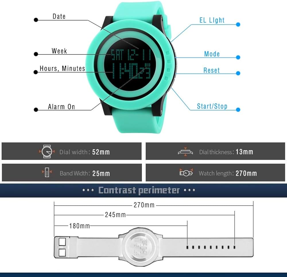 FeiWen Unisex Large Dial Digital Sports Fashion Watches LED Multifunction 5ATM Waterproof Outdoor Military Casual Plastic Watch with Rubber Strap Simple Design Green - Image 5