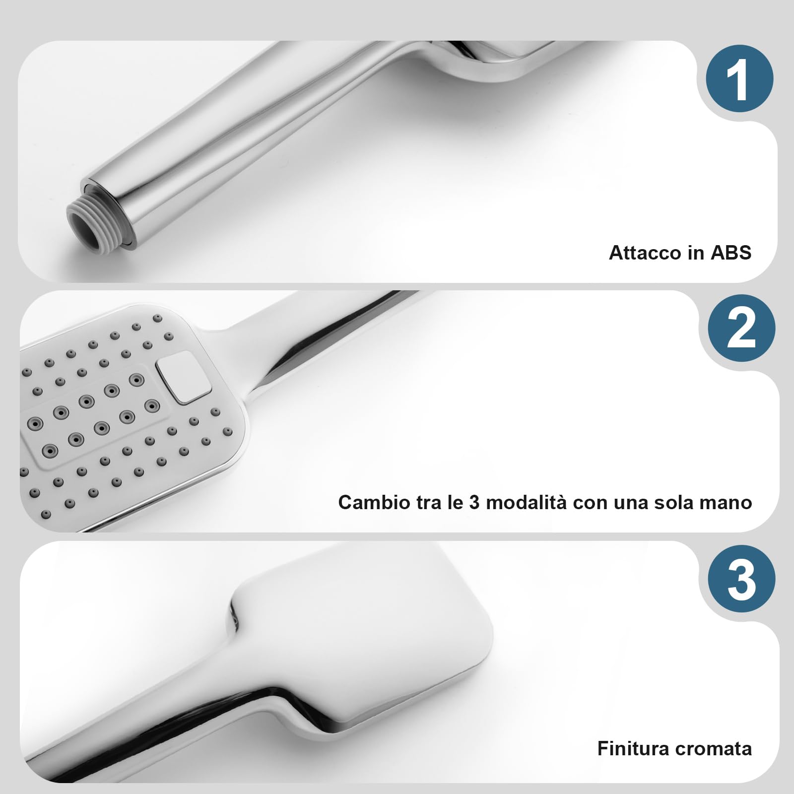 OFFO Soffione Doccia, Doccino per Doccia con 3 Modalità di Getto,Soffione Doccia Grande per Il Risparmio Idrico, Doccetta per Il Bagno, Copertura Grande, Rettangolare 12x9cm, Cromo