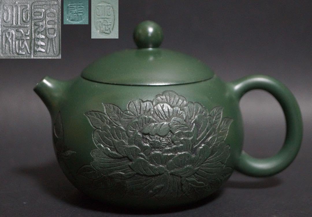 茶道具 中国宜興 工芸美術師 顧立斌作細工彫り『牡丹漢詩図』 手造り紫砂壺 急須 茶道具 中国宜興 工芸美術師 顧立斌作細工彫り牡丹漢詩図 手造り