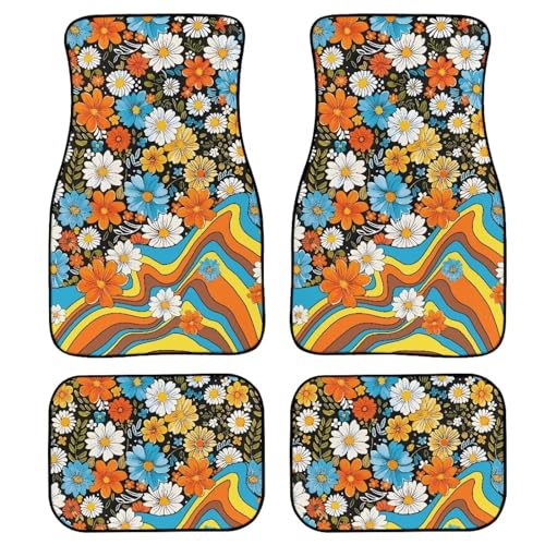 FUIBENG Tapete de piso de automóvil hippie de los años 70 y 80, 4 piezas, accesorio de coche hippie para mujer, almohadilla floral vintage para coche, furgoneta, SUV, alfombra de protección