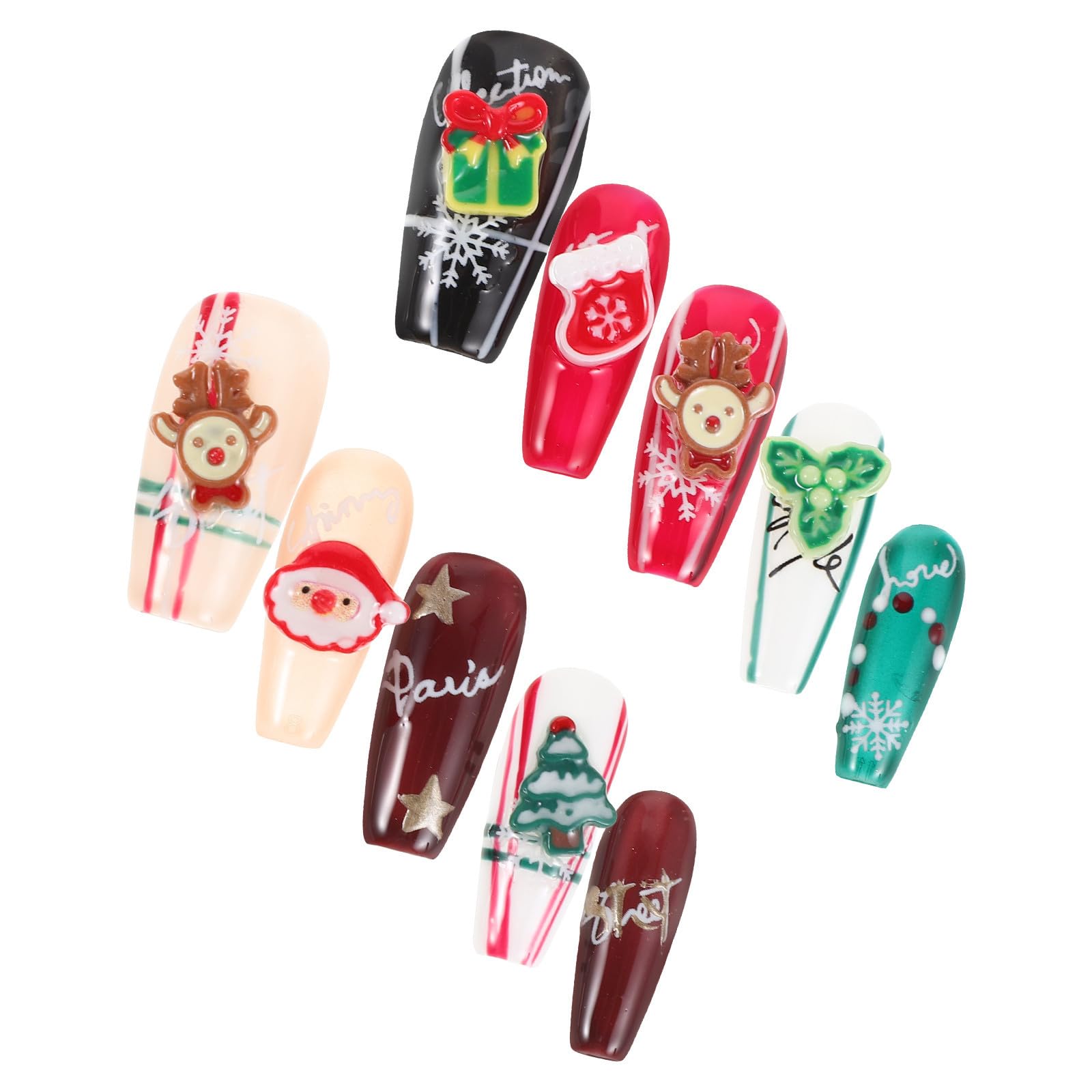 5 Juegos Uñas Postizas Navideñas Largas, Diseño Santa y Árbol, Rojo
