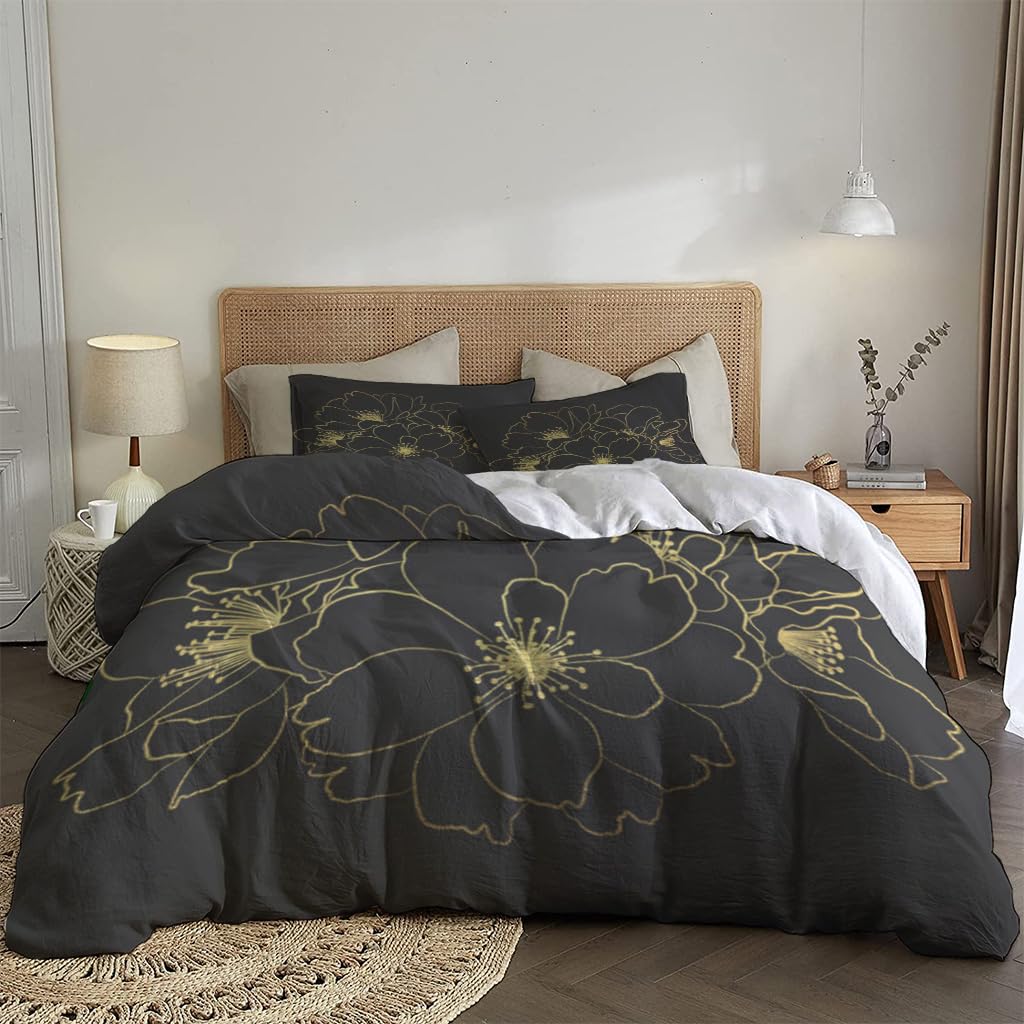 NIBAINLO 布団カバー桜と金色の線と黒の背景 肌に優しい ピーチスキン加工 掛け布団カバー 和式 洋式 あったか 布団カバーセット リバーシブル ホームステイ ホテル 家庭兼用