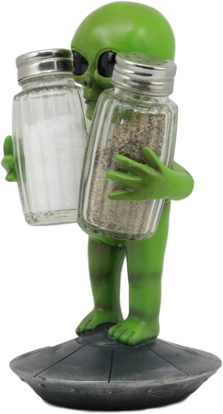 Ebros UFO Outer Space Colony Extra Terrestrial Roswell Alien On Flying Saucer Spaceship Salt And Pepper Shakers Holder Statue 7"Tall For Kitchen Decor Event Hosting Chef Hobbyist (Green)