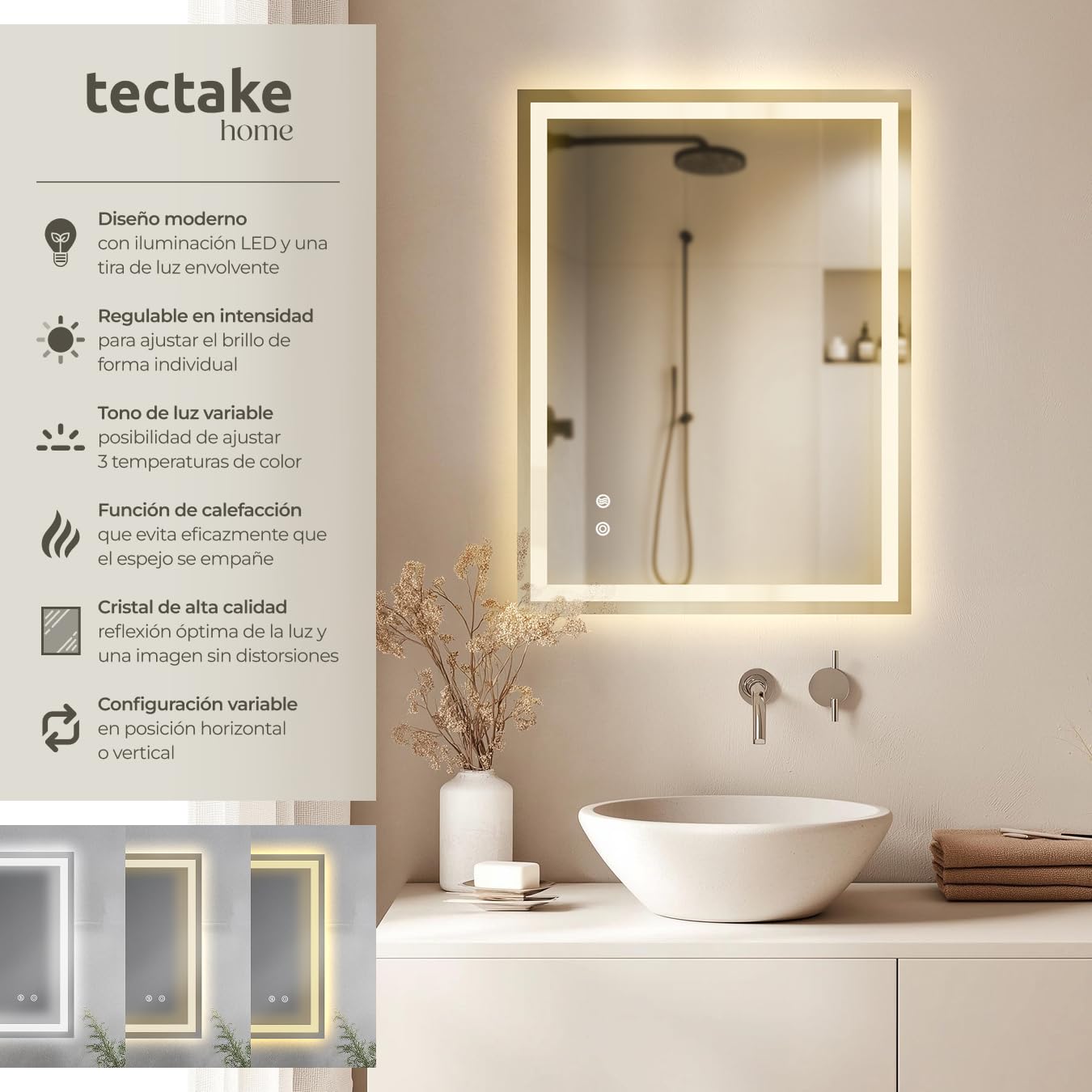 tectake® Espejo Baño LED sin Marco Rectangular, Diseño Moderno, Espejo Pared con Luz, Espejos de Baño con Luces, Decoracion Hogar, Decoracion Pared - 50x70 cm