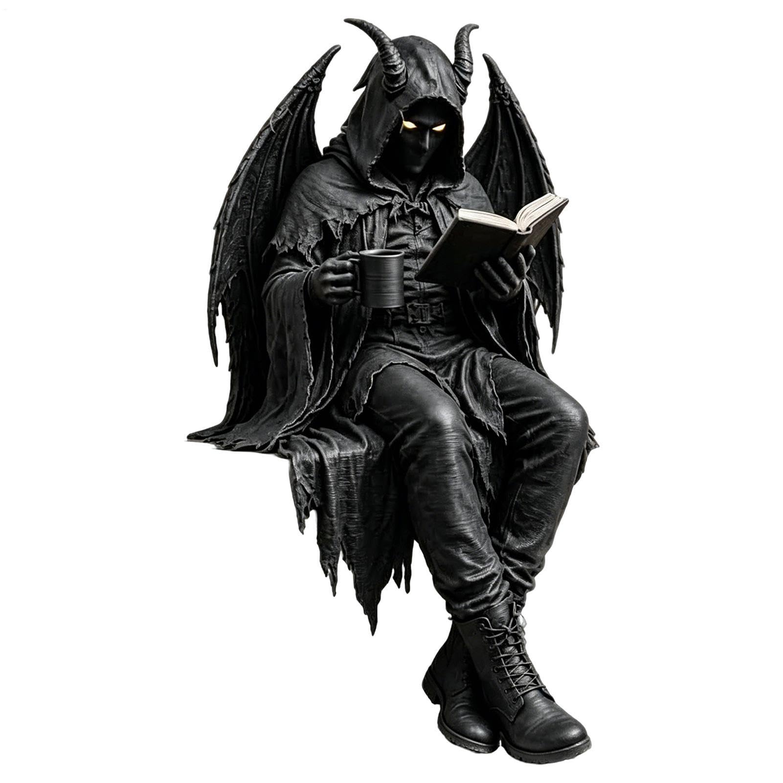 Hand-Painted Solid Resin Gothic Dark Fantasy Book Reading Shelf Sitter Statue, Mysterious Hooded Skeleton Faceless Figure Ornament For Reading Nook Bookshelf Halloween Collector Present