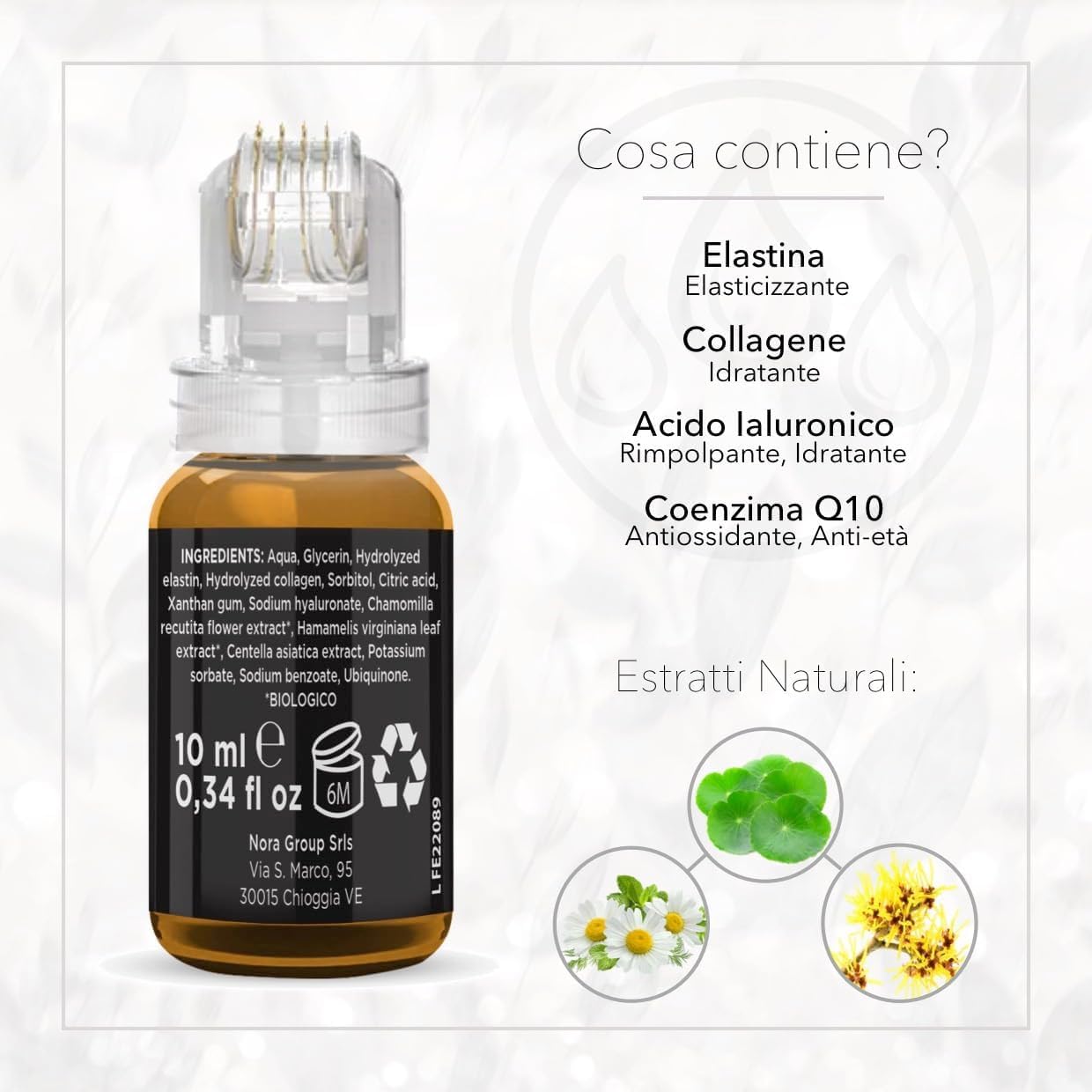 Opax Dermaroller 0.25 mm Per Microneedling Viso, SkinCare Effetto Lifting - Siero 10ml Con Acido Ialuronico Viso, Coenzima Q10, Collagene E Acido Ialuronico, Elastina - Made In Italy