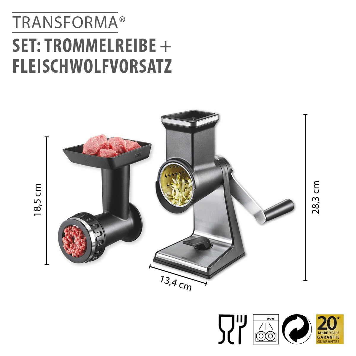Gefu Zestaw: Tarka bębnowa + nasadka do maszynki do mięsa Transforma, ręczna, do mielonego mięsa, ręczna maszyna do napełniania kiełbasy do mięsa mielonego, kiełbasy